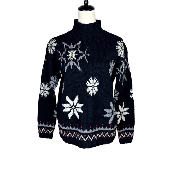 American Collection Black 100% Wool Tight Knit Turtleneck Snowflake Sweater - Picture 5 of 11